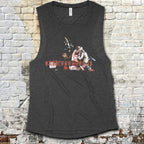 Anthropophagus muscle tank featuring graphic of screaming figure with distressed red text on charcoal fabric background