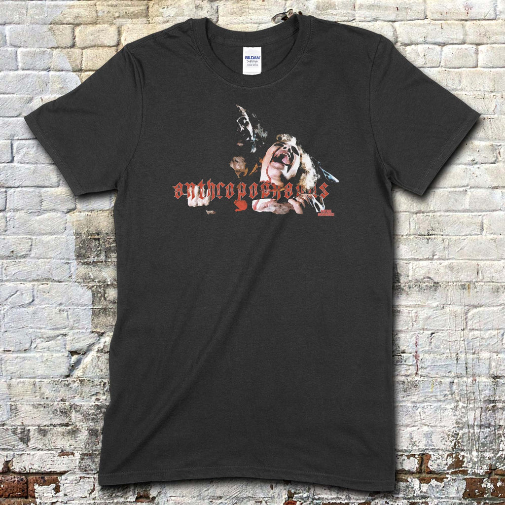 Black t-shirt featuring a graphic of two distressed characters and Anthropophagus text in red gothic font on front