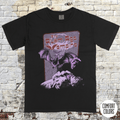 Atom Age Vampire t-shirt design featuring vintage horror art with bats and a distressed purple and red print on black.