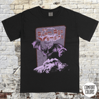 Atom Age Vampire t-shirt design featuring vintage horror art with bats and a distressed purple and red print on black.