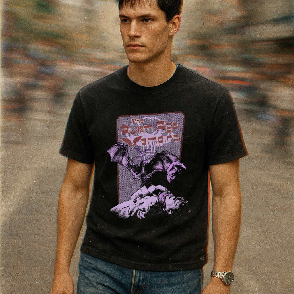 Man wearing black shirt with vintage vampire and bat graphic and retro text on Atom Age Vampire t-shirt design.