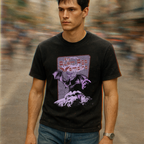Man wearing black shirt with vintage vampire and bat graphic and retro text on Atom Age Vampire t-shirt design.
