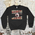 Basket Case sweatshirt with distressed graphic of a screaming face and torn text on black fabric background