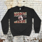 Basket Case sweatshirt with distressed graphic of a screaming face and torn text on black fabric background