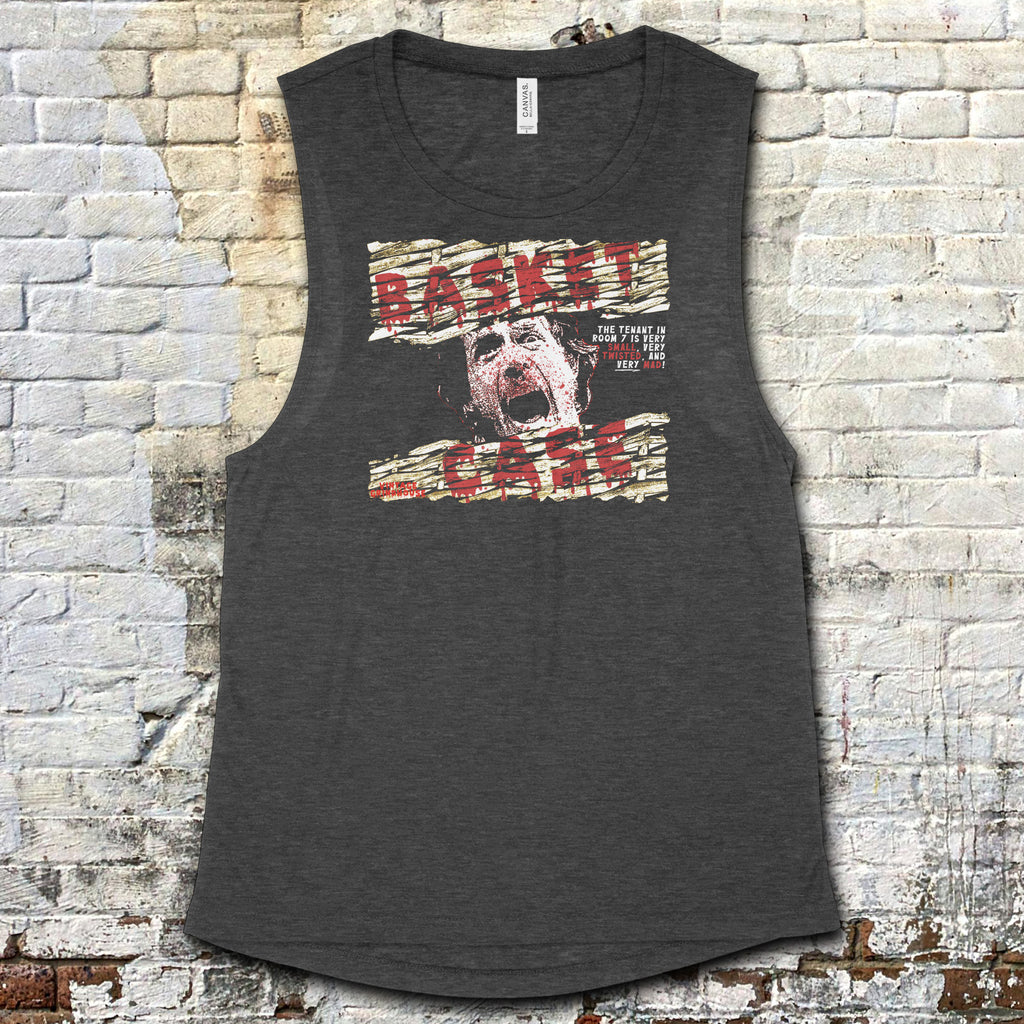 Basket Case muscle tank with distressed text and screaming face graphic on dark heather fabric background