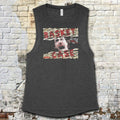 Basket Case muscle tank with distressed text and screaming face graphic on dark heather fabric background