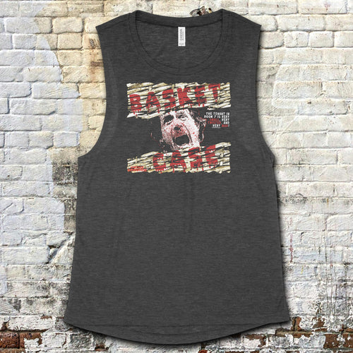 Basket Case muscle tank with distressed text and screaming face graphic on dark heather fabric background