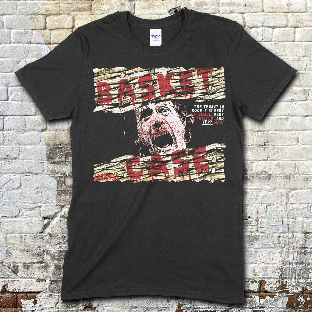 Black t-shirt featuring distressed wood plank graphic with screaming face and red Basket Case text on front