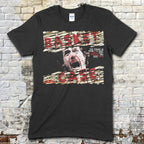 Black t-shirt featuring distressed wood plank graphic with screaming face and red Basket Case text on front