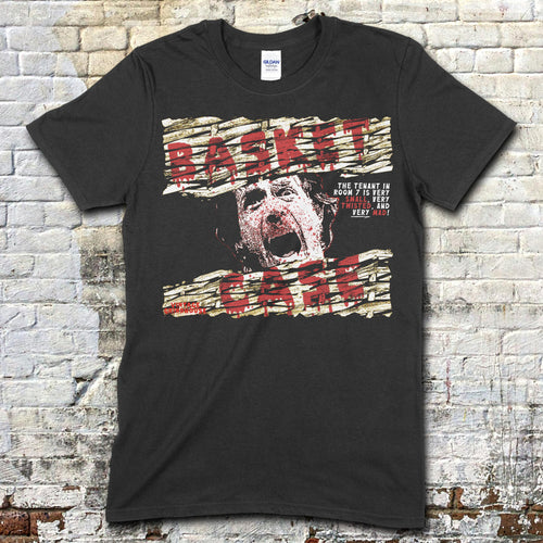 Black t-shirt featuring distressed wood plank graphic with screaming face and red Basket Case text on front