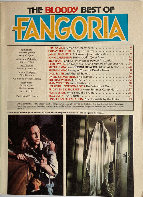 Vintage grindhouse style magazine page from Bloody Best of Fangoria #1 featuring horror film scenes with Jamie Lee Curtis.
