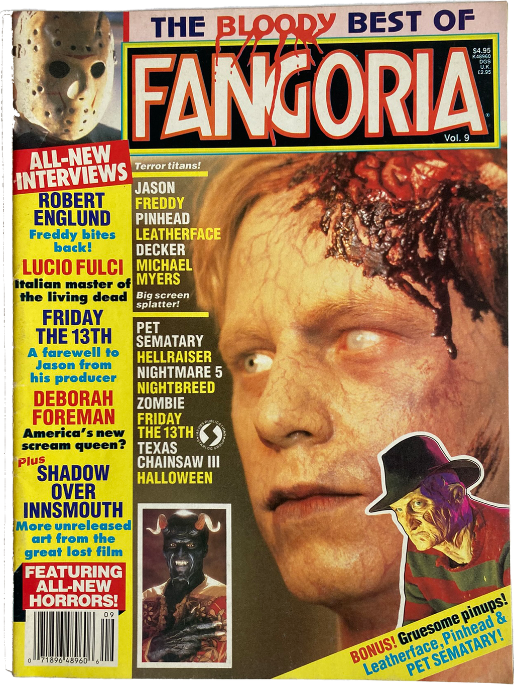 Magazine cover of 'The Bloody Best of Fangoria' #9 featuring a horror movie character with blood on the face.
