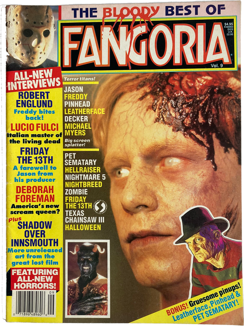 Magazine cover of 'The Bloody Best of Fangoria' #9 featuring a horror movie character with blood on the face.
