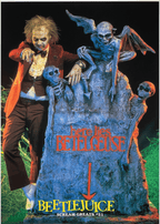 Fangoria Magazine #76 cover featuring Beetlejuice with skeletons and gothic tombstone in vintage horror style.