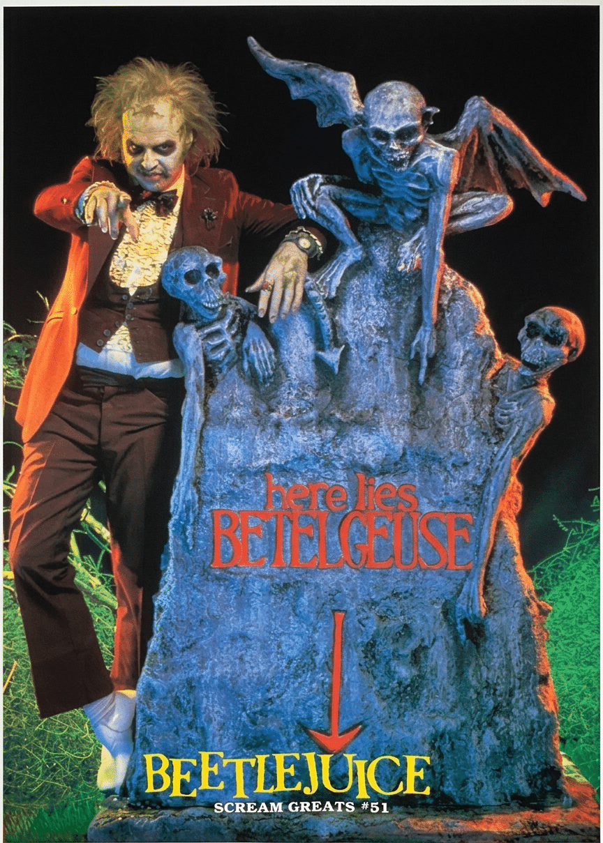Fangoria Magazine #76 cover featuring Beetlejuice with skeletons and gothic tombstone in vintage horror style.