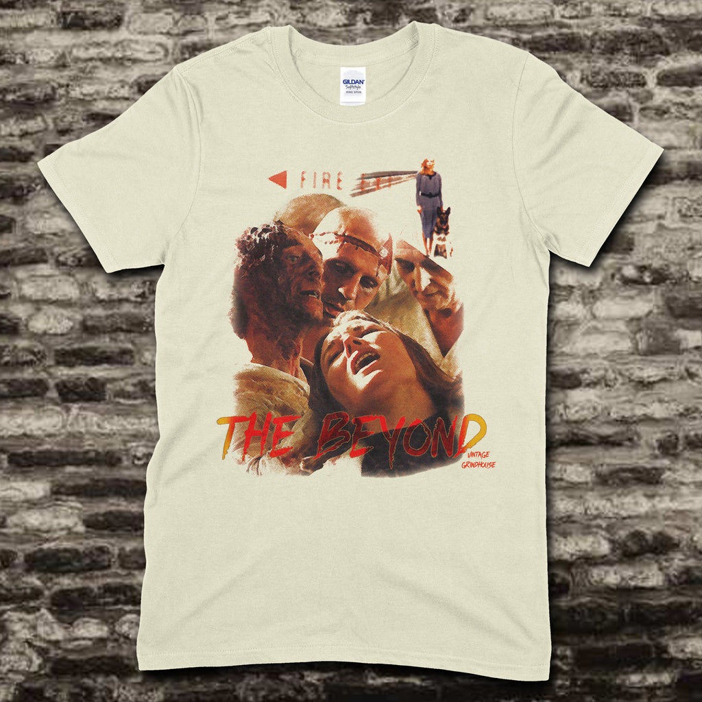 Beige t-shirt featuring a collage of horror characters and The Beyond text in red and orange on front