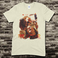 Beige t-shirt featuring a collage of horror characters and The Beyond text in red and orange on front