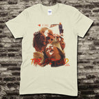 Beige t-shirt featuring a collage of horror characters and The Beyond text in red and orange on front