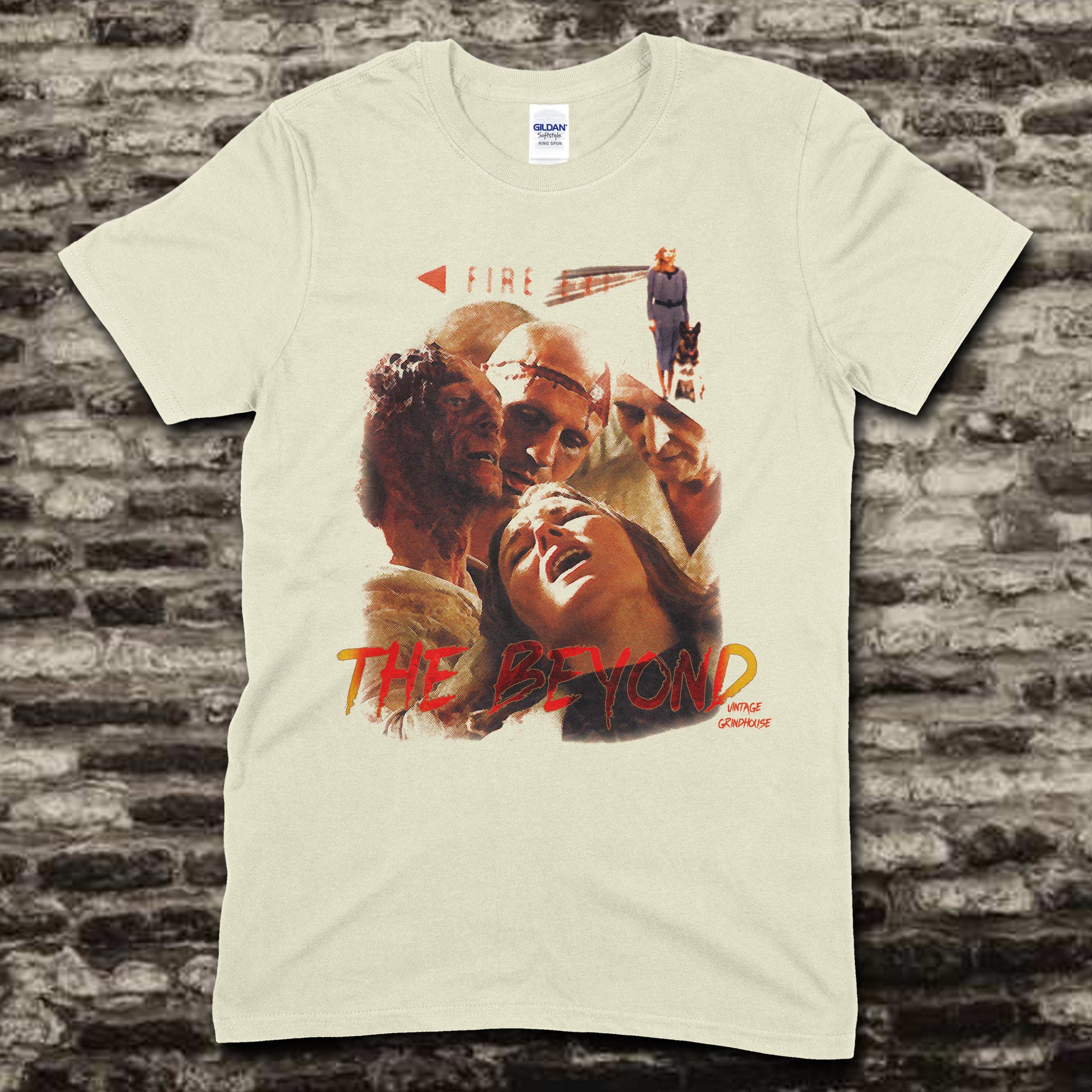 Beige t-shirt featuring a collage of horror characters and The Beyond text in red and orange on front