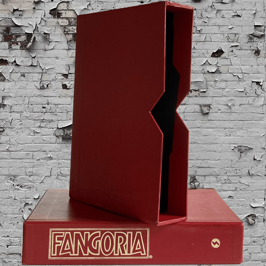 Red bookend with 'Fangoria' branding against a textured wall background