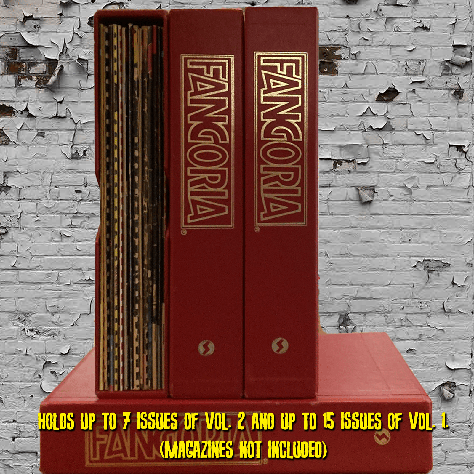 Red 'Fangoria' magazine holder against a textured white wall.