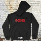 Black hoodie with red text on a brick wall background