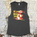 Dark gray Blood and Black Lace muscle tank featuring retro graphic of blindfolded woman in yellow and red tones