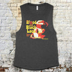 Dark gray Blood and Black Lace muscle tank featuring retro graphic of blindfolded woman in yellow and red tones