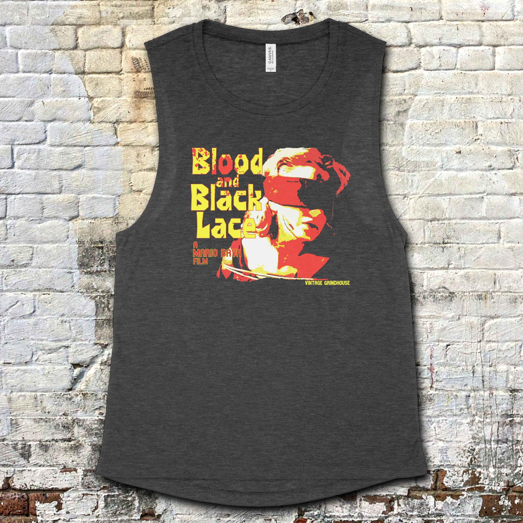 Dark gray Blood and Black Lace muscle tank featuring retro graphic of blindfolded woman in yellow and red tones