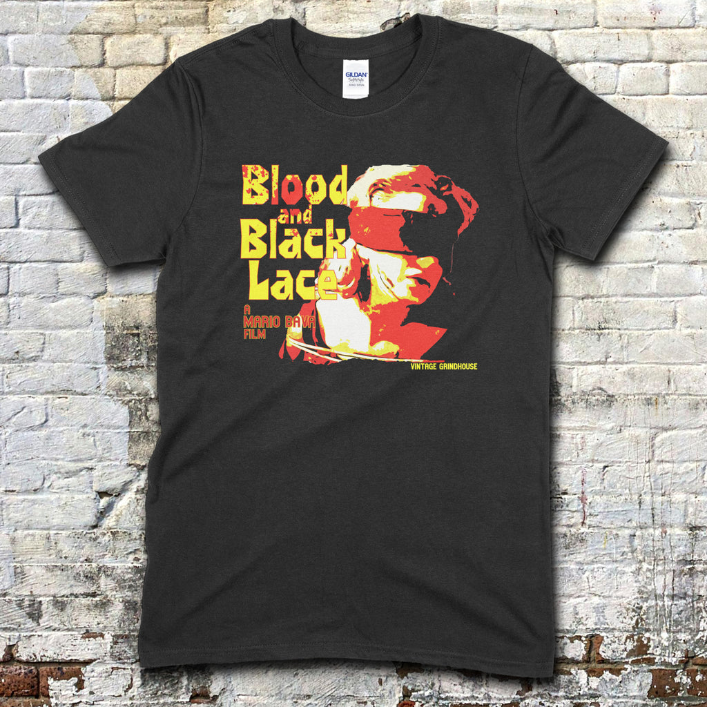 Black t-shirt with 'Blood and Black Lace' graphic design on a brick wall background
