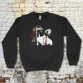Black Blood for Dracula sweatshirt with graphic of vampire biting neck and blood dripping from mouth and throat