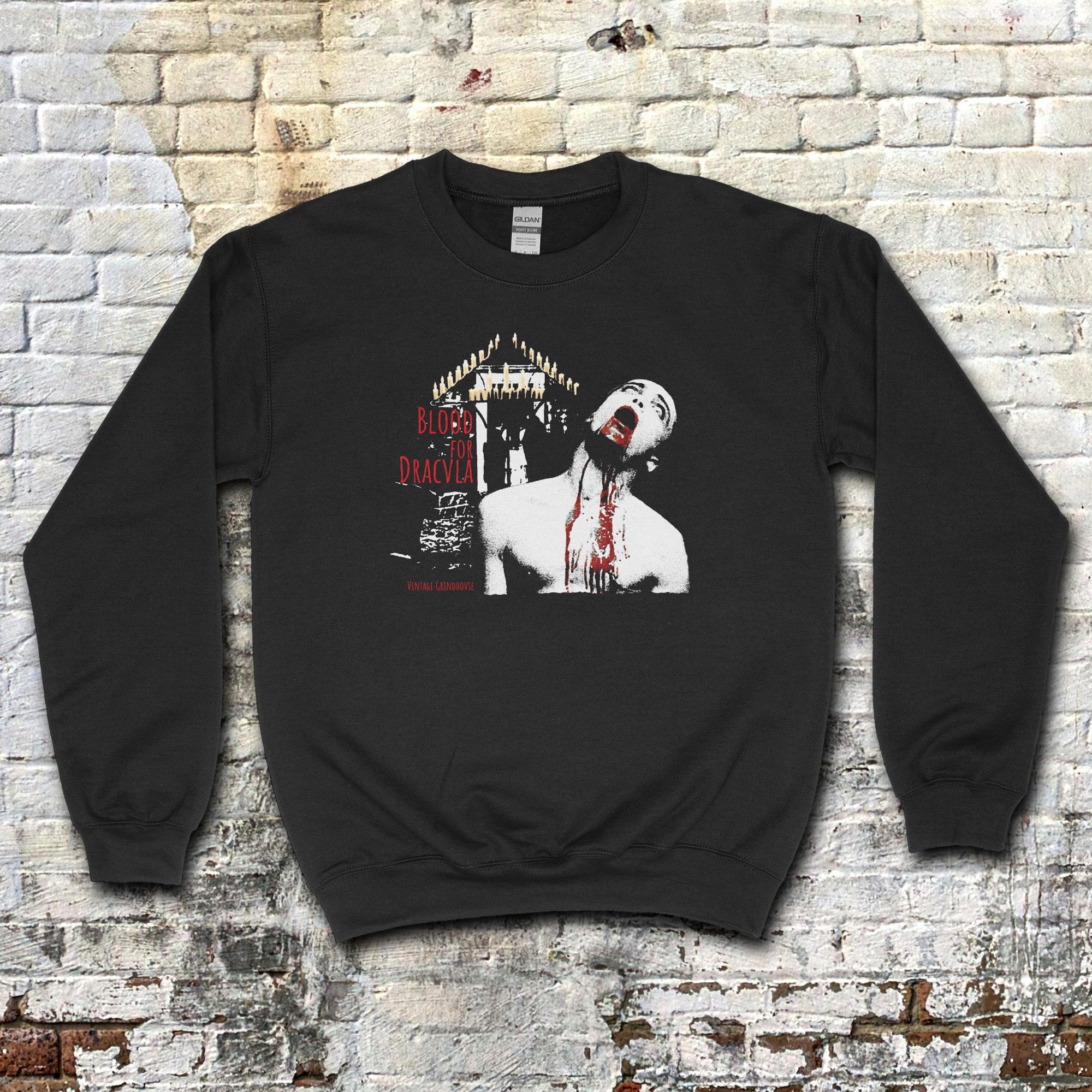 Black Blood for Dracula sweatshirt with graphic of vampire biting neck and blood dripping from mouth and throat