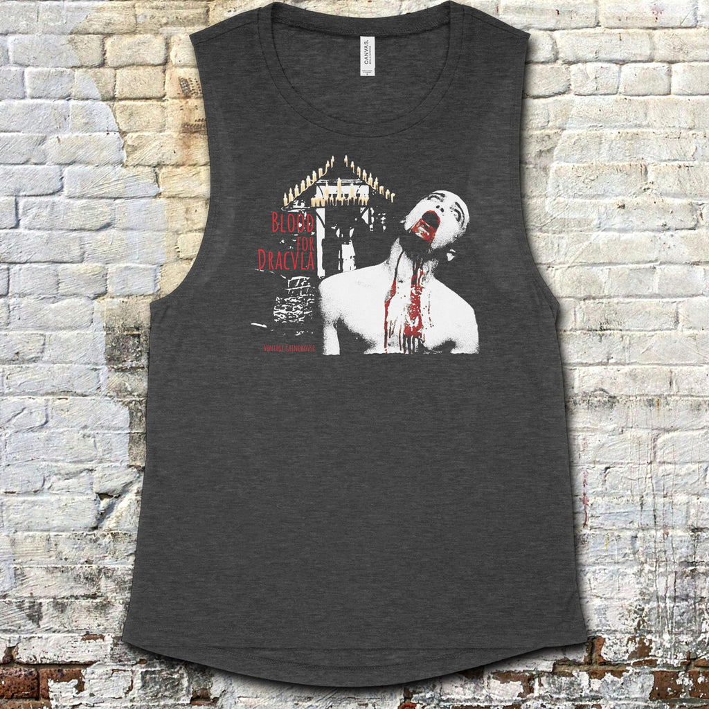 Blood for Dracula muscle tank with graphic of vampire biting neck amid gothic candlelit scene on dark fabric