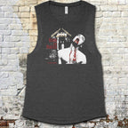 Blood for Dracula muscle tank with graphic of vampire biting neck amid gothic candlelit scene on dark fabric