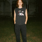 Blood for Dracula muscle tank with vintage horror graphic of vampire dripping blood under gothic arch on dark fabric