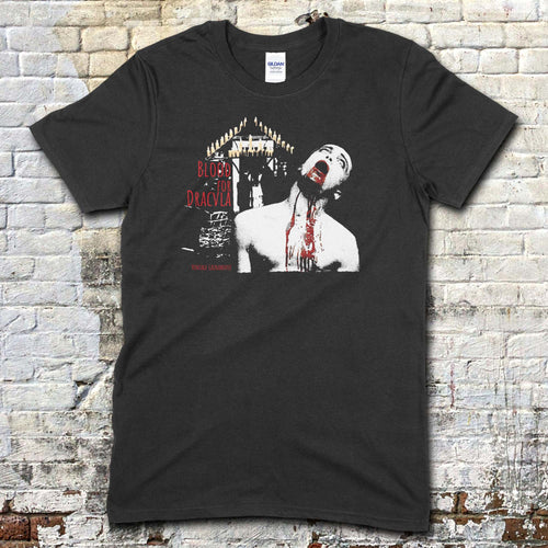 Black t-shirt featuring a graphic of a man with blood dripping from his mouth and Blood for Dracula text in red on front