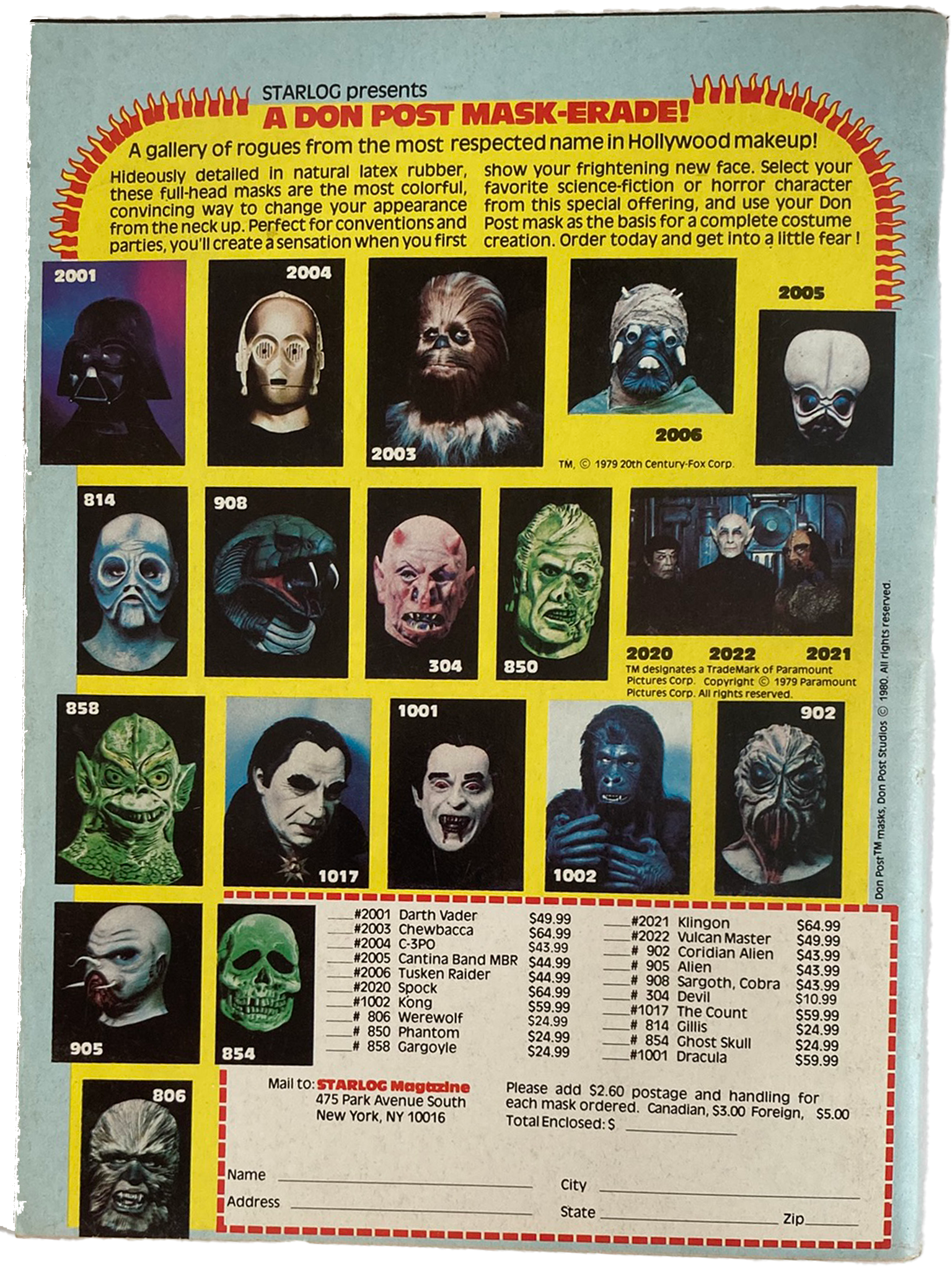 Back of a Starlog magazine featuring Don Post mask models and pricing.
