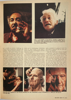 Vintage magazine page with images of actors and text, featuring a close-up of a man's face.