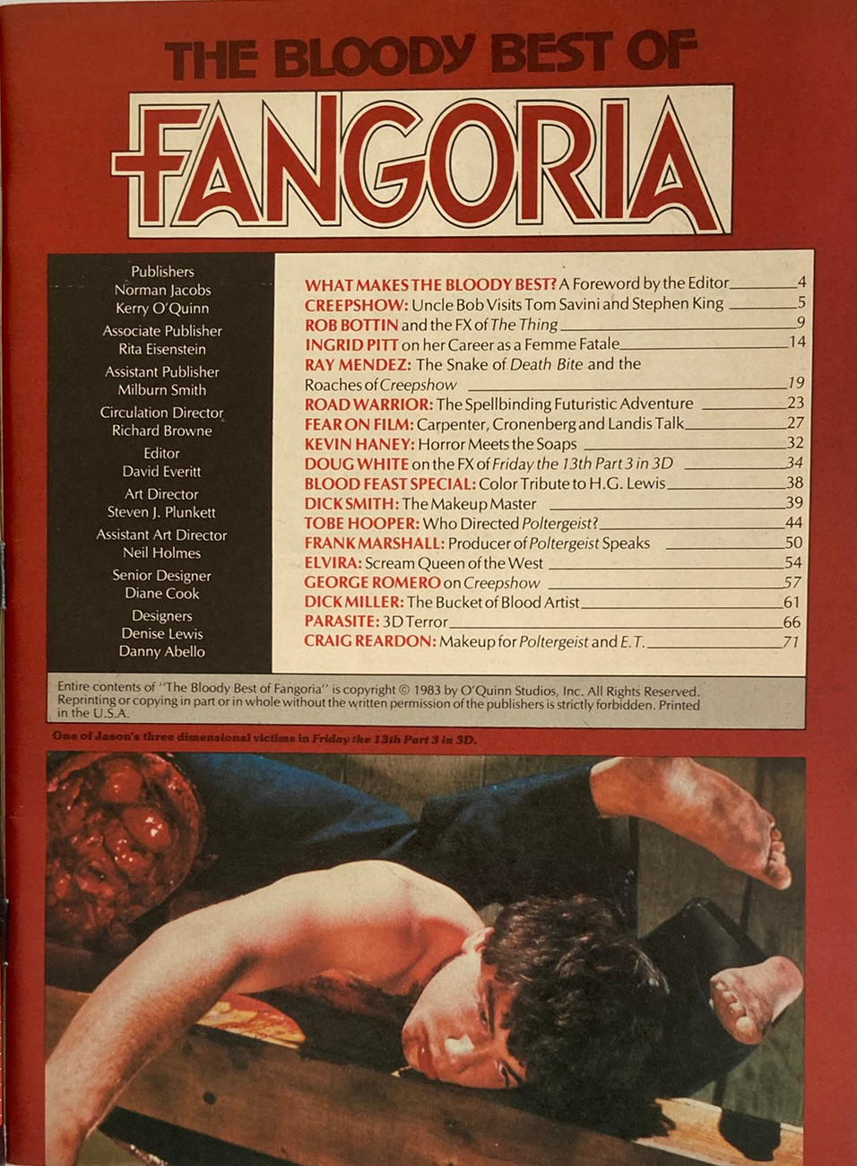Book cover of 'The Bloody Best of Fangoria' with horror movie scene and text.