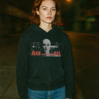 Model wearing black hoodie featuring vintage grindhouse style design with "The Brain That Wouldn't Die t-shirt" horror art and text.