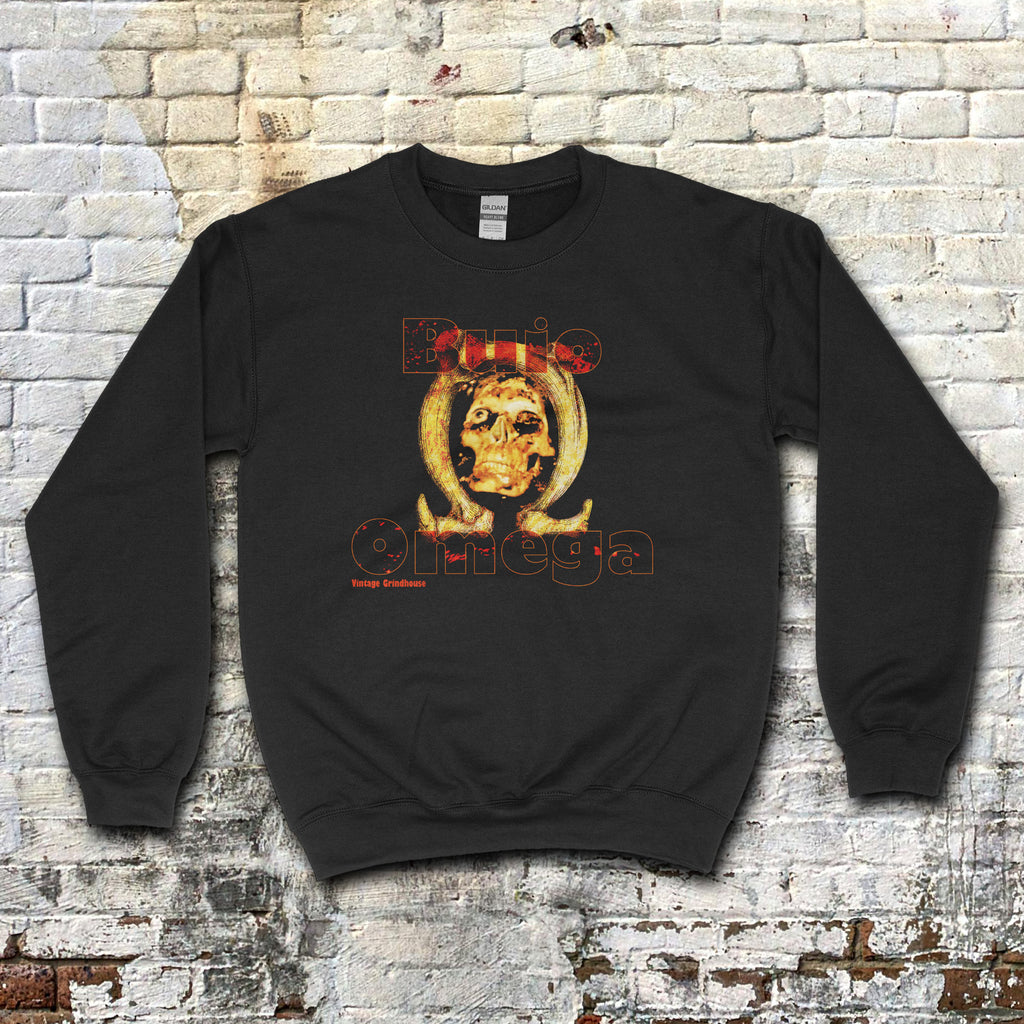 Black sweatshirt featuring a distressed skull inside a glowing omega symbol with red text reading Buio Omega aka Beyond the Darkness sweatshirt