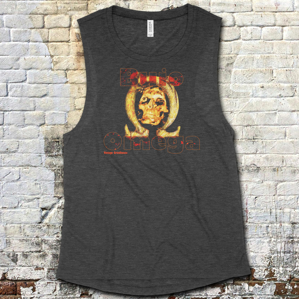 Dark gray tank top with graphic design on a textured wall background