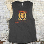 Dark gray tank top with graphic design on a textured wall background