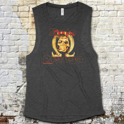 Dark gray tank top with graphic design on a textured wall background