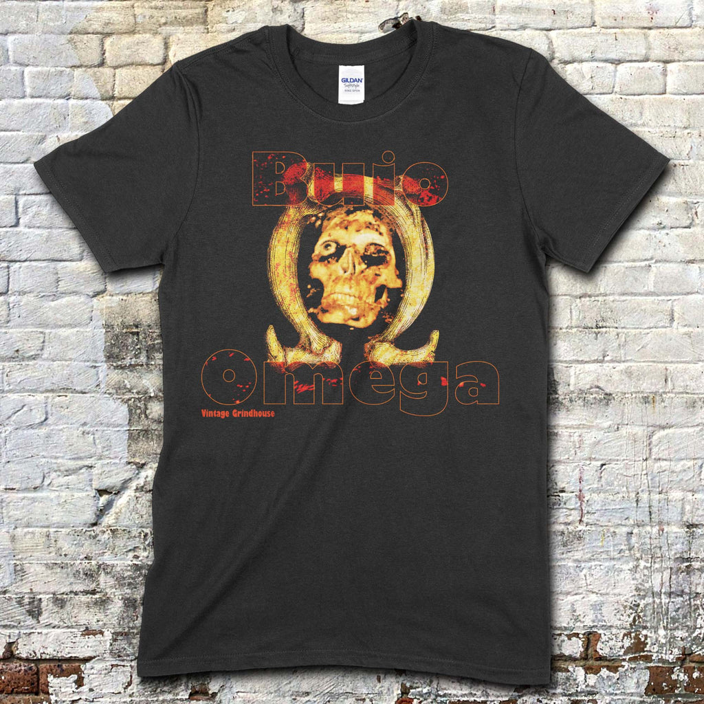 Black t-shirt featuring a distressed skull graphic inside a horseshoe with Buio Omega text and Vintage Grindhouse on front