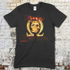 Black t-shirt featuring a distressed skull graphic inside a horseshoe with Buio Omega text and Vintage Grindhouse on front