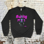 Black Bunny Man Sweatshirt with neon pink text and graphic of a sinister figure holding an axe on front panel