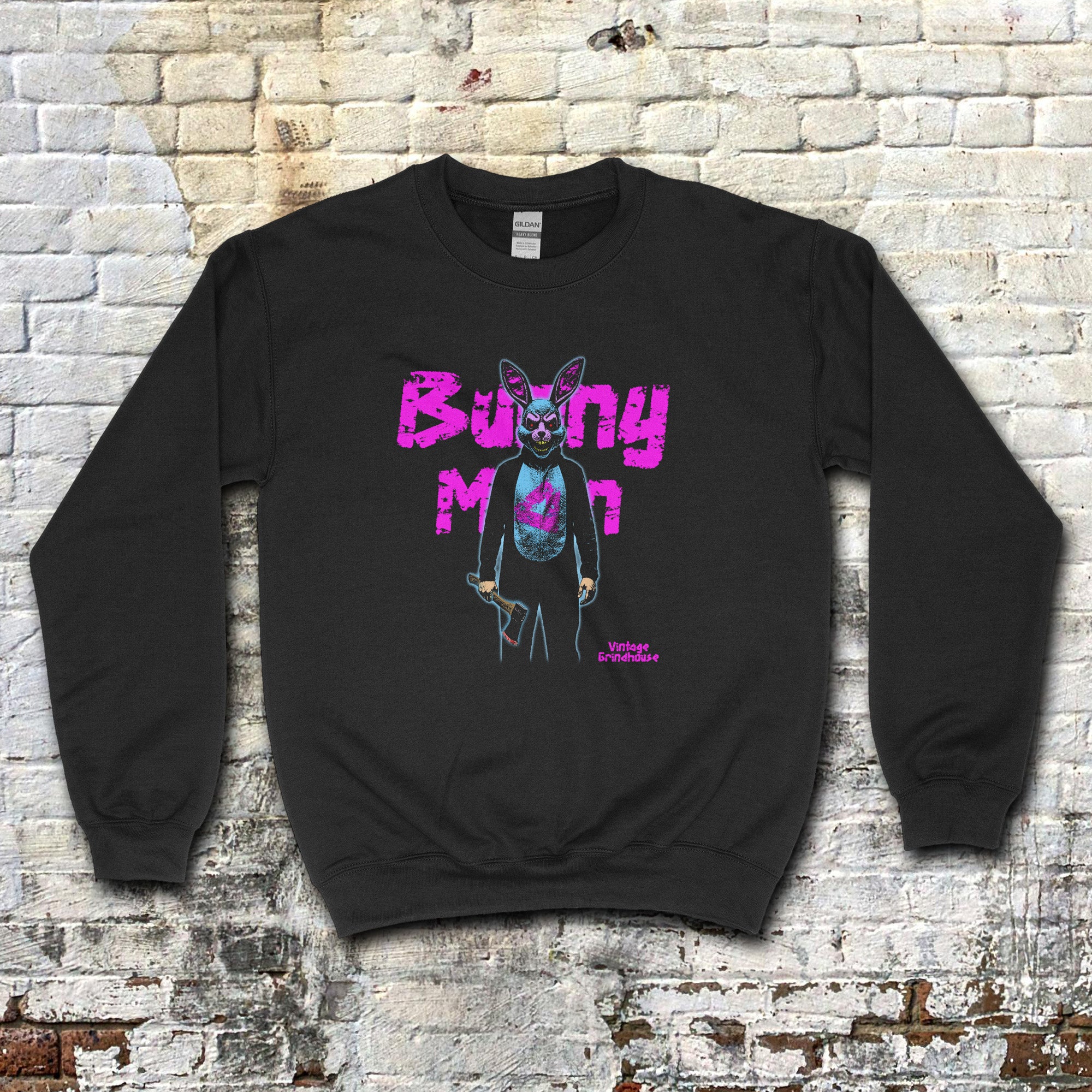 Black Bunny Man Sweatshirt with neon pink text and graphic of a sinister figure holding an axe on front panel