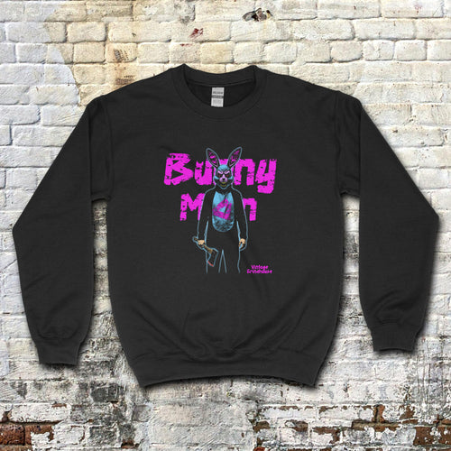 Black Bunny Man Sweatshirt with neon pink text and graphic of a sinister figure holding an axe on front panel