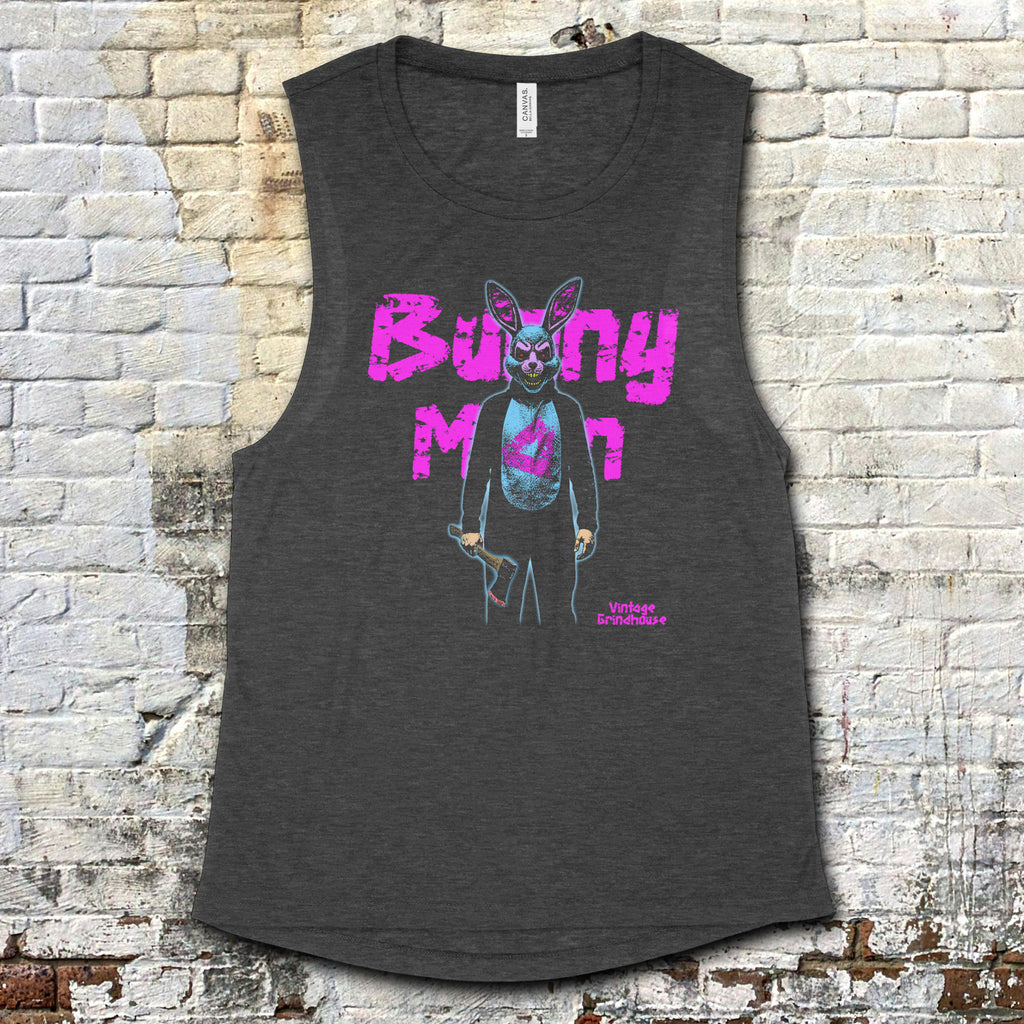 Charcoal Bunny Man muscle tank featuring neon pink text and a creepy bunny holding an axe graphic on front panel